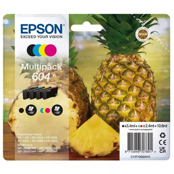 Epson 604 Ananas Noir et couleur, Multipack de marque Epson 604 - Ananas - 4 couleurs