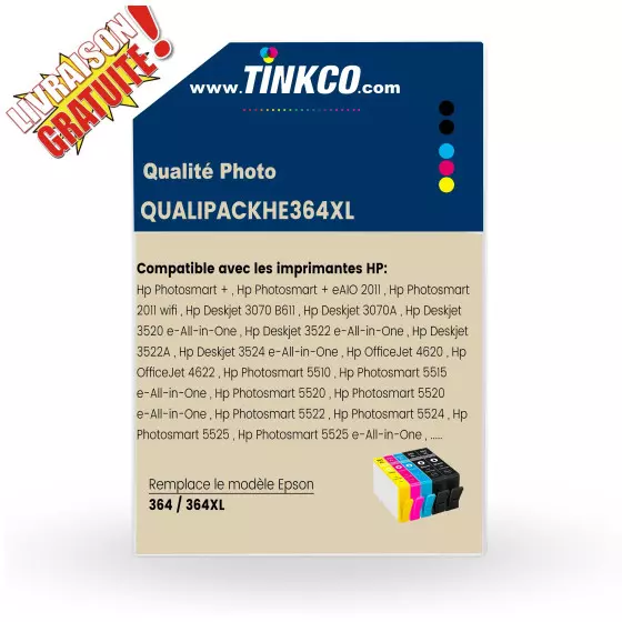 QUALITE PHOTO - Lot de 5 Cartouches d'encre TINKCO Noir et couleur compatible avec HP 364XL
