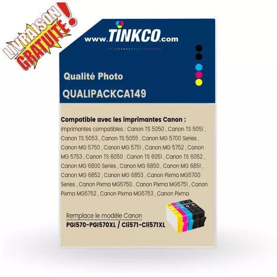 QUALITE PHOTO - Lot de 5 Cartouches d'encre TINKCO Noir et couleur compatible avec Canon PGi570XL et CLi571XL