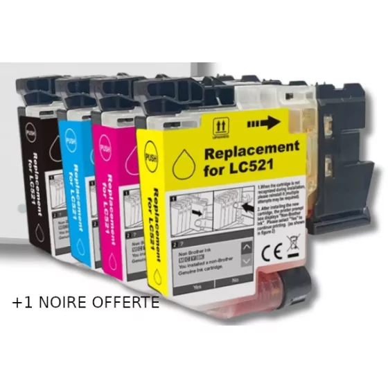 Pack de 4 Cartouches compatibles Brother LC521XL noir et couleur + 1 NOIRE OFFERTE