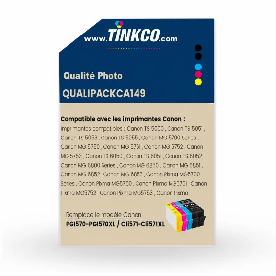 PACK QUALITE PHOTO - Lot de 5 Cartouches d'encre TINKCO Noir et couleur compatible avec Canon PGi570XL et CLi571XL