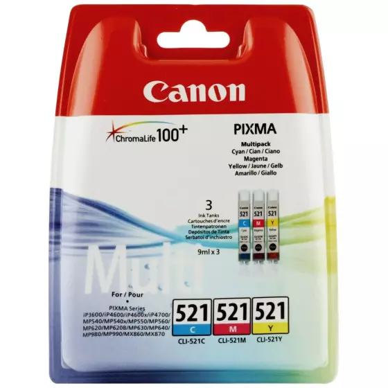Canon CLI-521 - Pack de 3 cartouches de marque Canon CLI-521 / 2934B007 (cyan, jaune, magenta)