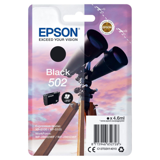 Epson 502 noir. Cartouche d'encre de marque Epson Jumelles 4,6ml/210 pages