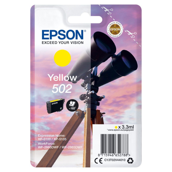 Epson 502 jaune. Cartouche d'encre de marque Epson Jumelles 3,3ml/165 pages