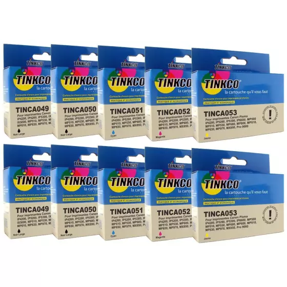 Lot de 10 cartouches génériques AVEC PUCES : 8 TINCA C/Y/M/BK + 2 TINCA050 PBK