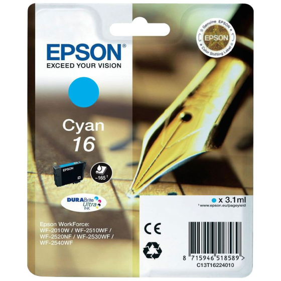 Cartouche de marque Epson T1622 - Série 16 (stylo plume) - Cyan (165 pages)