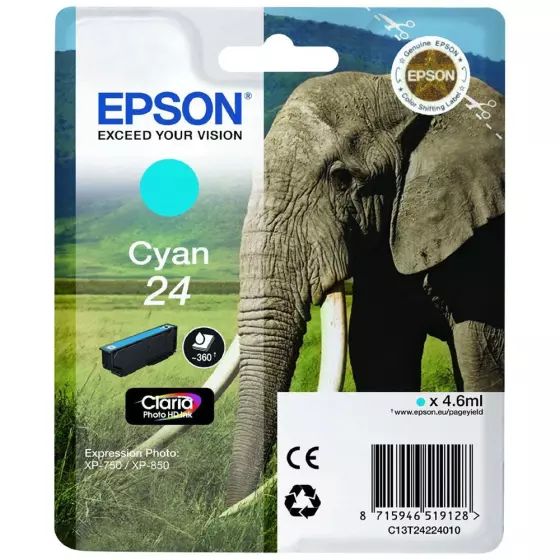 Cartouche EPSON T2422 Eléphant (T2422) cyan - cartouche d'encre de marque EPSON