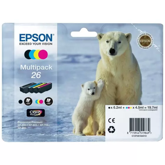 Epson T2616 - Multipack de marque Epson 26 (4 cartouches) - Série Ours Polaire