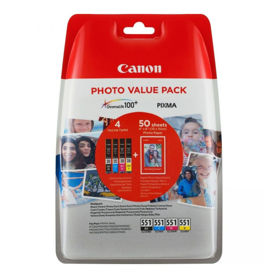Multipack Canon CLI-551 - Pack de 4 cartouches de marque Canon 6508B006AA + papier photo