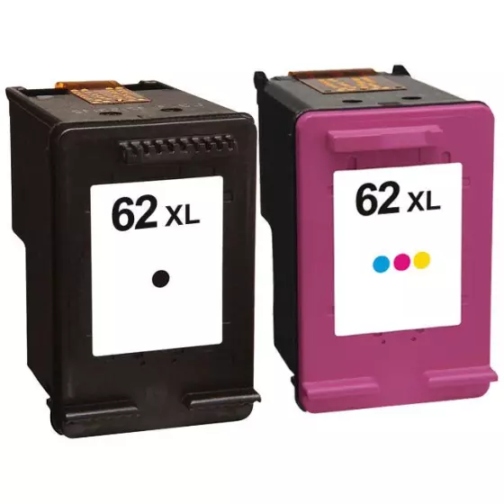 HP 62XL - LOT de 2 cartouches génériques équivalentes aux modèles HP 62XL noire et couleur